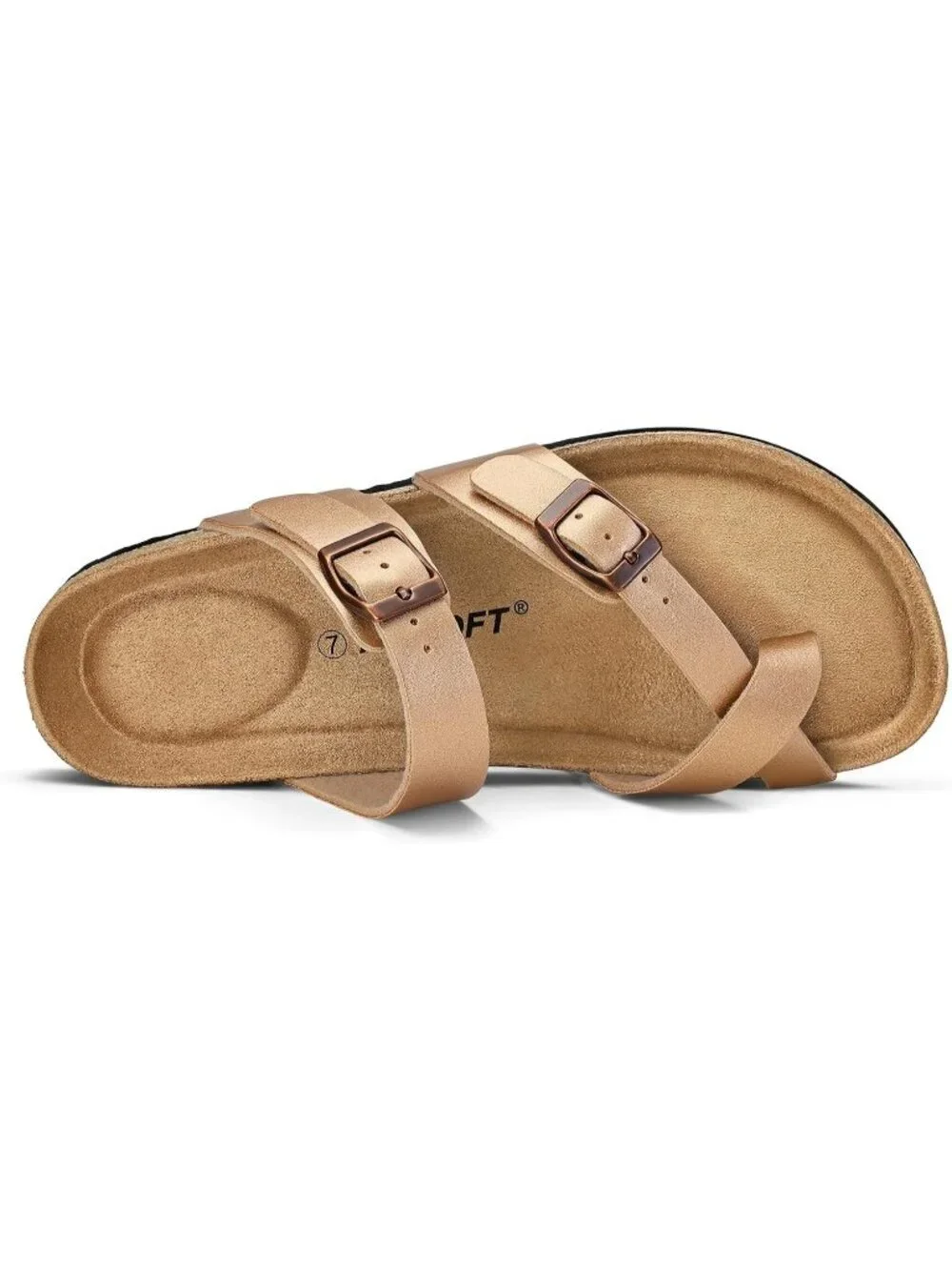 Women Rose Gold Double Adjustable Buckle Slide Cork Footbed Slip On Sandal Shoes